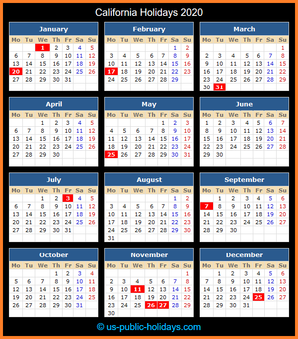 California Holiday Calendar 2020